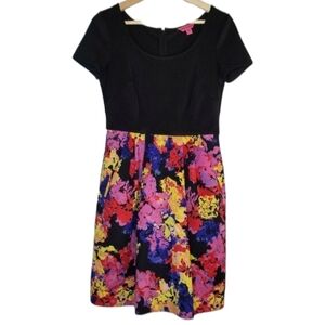 BETSEY JOHNSON Scuba Skater Mini Dress Granny‎ Pink Florals Black Short Sleeve 2